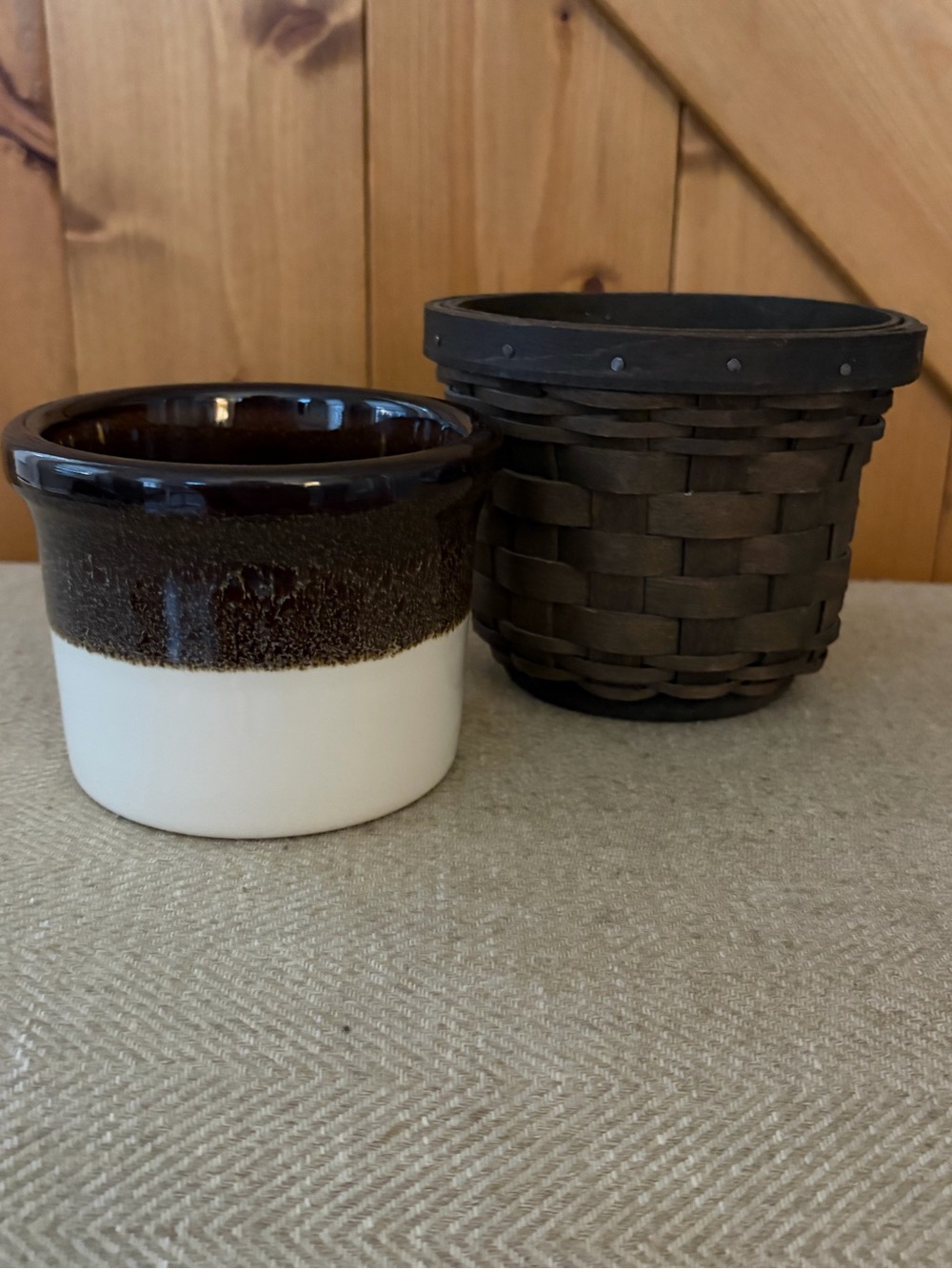 Longaberger Small Crock Basket with Cream and Tan Stone wear Crock